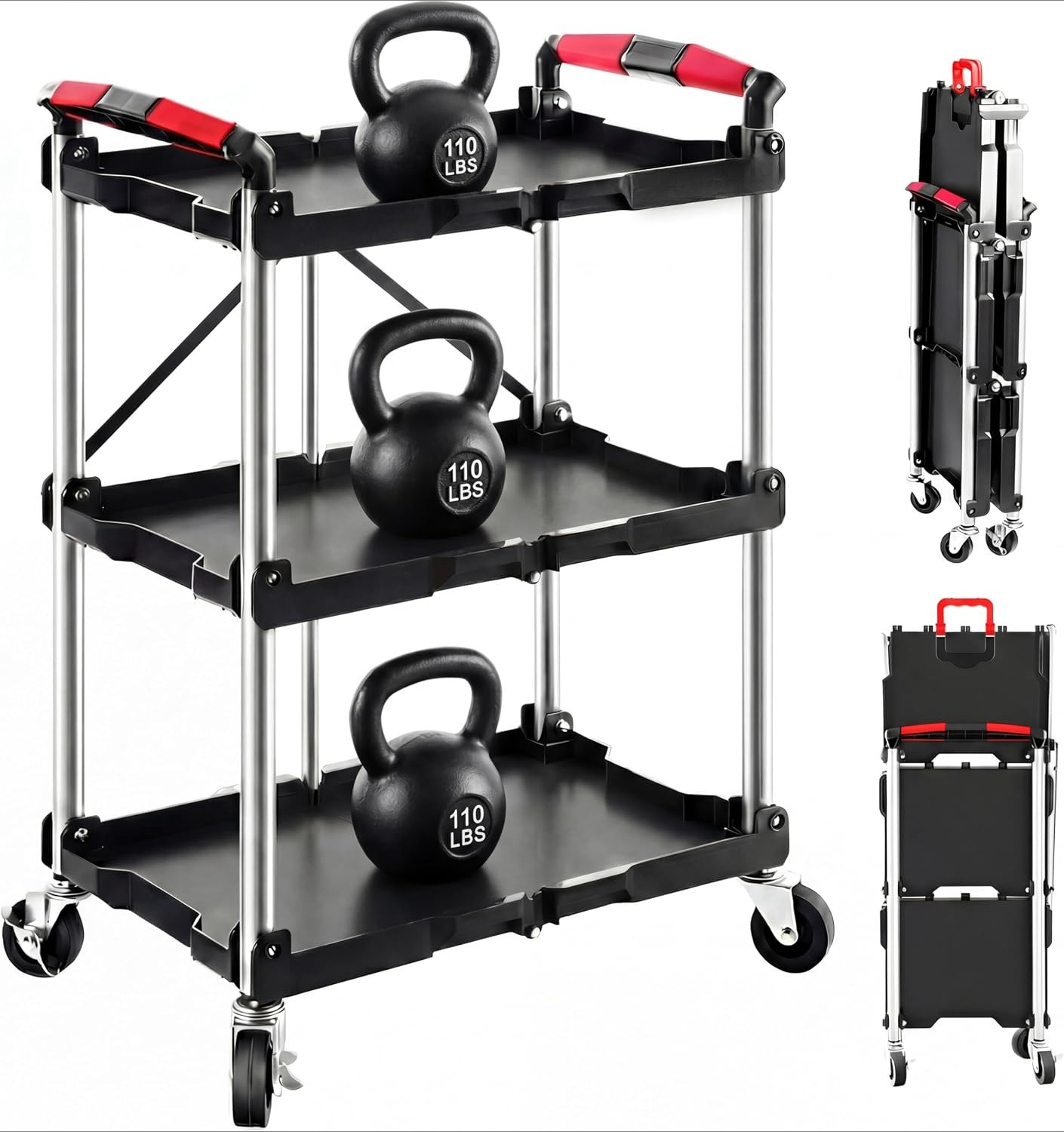 Workshop Tools Storage - 3-Shelf Foldable Rolling Utility Service Cart